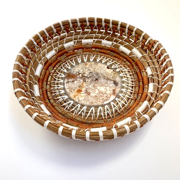 Handmade Gift For Her. Pine Needle Basket with Beautiful & Unique, Burro Creek Jasper Gemstone Center.