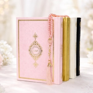 Corán rosa con tasbih: escritura medina, regalo del Corán (20 x 14 cm), regalos islámicos, cuero