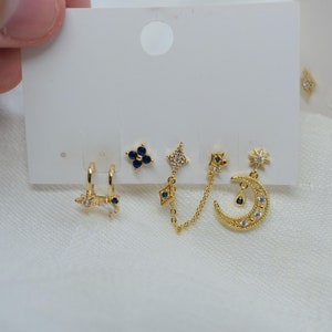 Ensemble de boucles d'oreilles lune en or, boucles d'oreilles chaîne, boucles d'oreilles pendantes étoiles, ensemble de clous d'oreilles en or, cadeau d'anniversaire pour elle