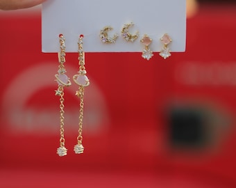 Gold Earring Set,6 Pcs Multiple Piercings,Dangle Star Earrings,Gold Stud Earring Set,Birthday Gift For Her