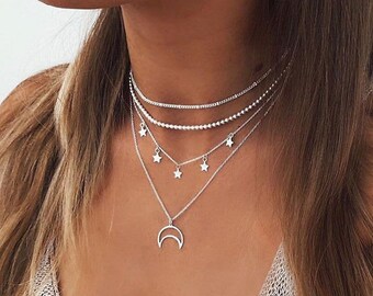 Collier en couches d’argent, tour de cou lune et étoile, ensemble de colliers étoiles délicates, cadeau pour elle