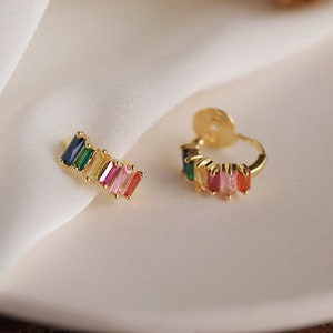 Clip On Hoop Earrings,Rainbow Zircon Colorful Pink, Orange, Blue, Green,No Pain Ear Clips Cuff,Gift For Her