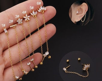 Double Stud Chain Earrings,Gold Delicate Flower Earrings,Zircon Earring Gift For Her,Stainless Steel Earrings,Earrings For Everyday