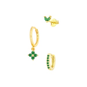 Gold Earring Set,3 Pcs Earring Stack Set,Gold Stud Earring Set,Birthday Gift For Her Green