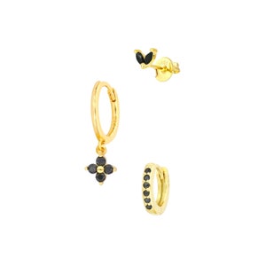 Gold Earring Set,3 Pcs Earring Stack Set,Gold Stud Earring Set,Birthday Gift For Her Black