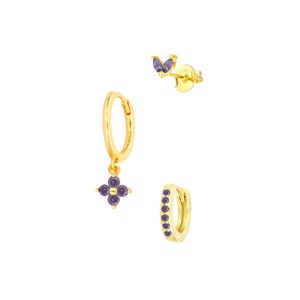 Gold Earring Set,3 Pcs Earring Stack Set,Gold Stud Earring Set,Birthday Gift For Her Purple