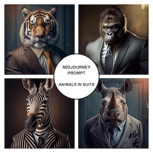 May include: A collage of four images featuring different animals wearing suits. A tiger, gorilla, zebra, and rhinoceros are all dressed in formal attire, with ties and jackets. The text "Midjourney Prompt: Animals in Suits" is displayed in the centre of the collage.