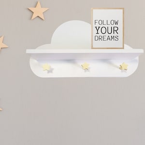 Floating White Cloud Nursery Shelf - Baby Nursery Cloud Decor with Star Hooks for Wall