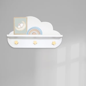 Floating White Cloud Nursery Shelf - Baby Nursery Cloud Decor with Star Hooks for Wall