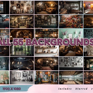 Peut inclure: Un collage de 55 images d'arrière-plan différentes à utiliser dans la conception numérique. Les images comprennent une variété de styles, allant du confortable et accueillant au sombre et mystérieux. Le texte "ALL 55 BACKGROUNDS!" est affiché en lettres roses au centre de l'image. Le texte "1920 X 1080" est affiché en lettres blanches sur un fond rose dans le coin inférieur gauche de l'image. Le texte "includes blurred versions" est affiché en lettres blanches sur un fond rose dans le coin inférieur droit de l'image.