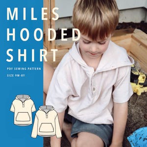 Patrón de costura en PDF para camisa con capucha Miles, unisex, para niño, incluye archivo para proyector, talla 9 m-8y (descarga de archivo pdf).