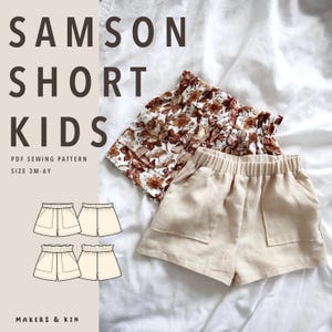 May include: A PDF sewing pattern titled SAMSON SHORT KIDS for sizes 3M-6Y, featuring two pairs of shorts: one with a brown and white floral print and one in solid beige, both with elastic waistbands and front pockets, plus line art diagrams.