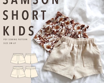 Patrón de costura en PDF para pantalones cortos Samson: pantalones cortos unisex para niños, estilo veraniego, con volantes, tallas de 3 meses a 6 años, descarga en PDF, archivo para proyector incluido.