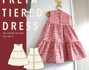 Patrón de costura para vestido Freya de varias capas, vestido de verano de corte A para niñas (descarga en PDF), talla 3 m-6 años