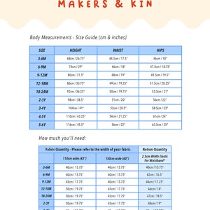 May include: A size chart for children's clothing with measurements in inches and centimetres. The chart includes sizes from 3-6 months to 5-6 years and lists the height, waist, and hip measurements for each size.
