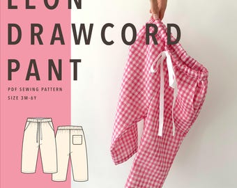 Patrón de costura en PDF para pantalón Leon con cordón ajustable, unisex para niños, pantalón casual, tallas de 3 meses a 6 años, archivos descargables.