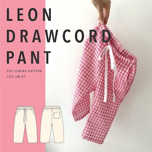May include: Leon Drawcord Pant PDF sewing pattern for sizes 3M-6Y. The image displays a pair of pink and white gingham trousers with a white drawstring waist, alongside a technical line drawing showing the front and back views of the trousers.