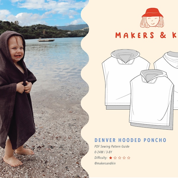 Denver Hooded Poncho PDF Patrón de costura / Tamaño 0-24M y 3-8Y/ Patrón de toalla con capucha para niños / Patrón de costura para niños / Patrón de costura para bebés