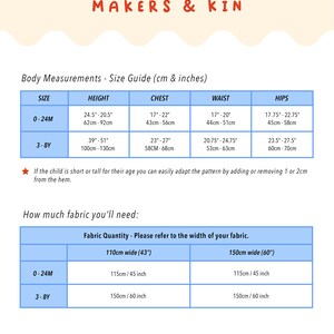 Puede incluir: Una tabla de gu&iacute;a de tallas para Makers & Kin con un icono de sombrero de pescador rojo. La tabla enumera medidas corporales en pulgadas y cent&iacute;metros para tallas 0-24M y 3-8Y, incluyendo altura, pecho, cintura y caderas, adem&aacute;s de tela.