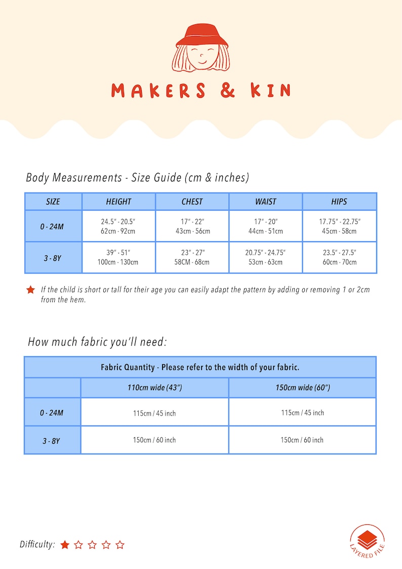 Puede incluir: Una tabla de gu&iacute;a de tallas para Makers & Kin con un icono de sombrero de pescador rojo. La tabla enumera medidas corporales en pulgadas y cent&iacute;metros para tallas 0-24M y 3-8Y, incluyendo altura, pecho, cintura y caderas, adem&aacute;s de tela.