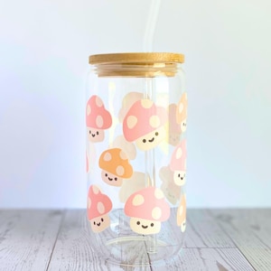 Kawaii Mushroom Glass Tumbler — Cute Mushroom Smile Drink Jar with Bamboo Lid, UV DTF Decal, Pink Mushroom Cup