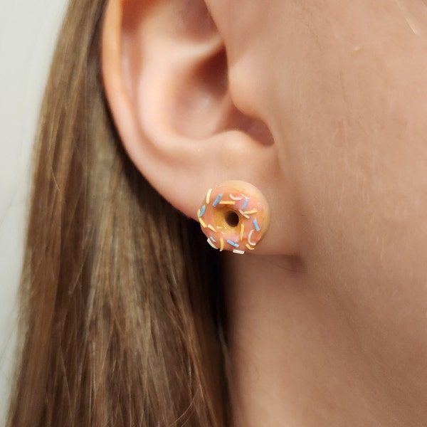Donut Earring Studs with Sprinkles - Pink, small, cute, dessert, food - Handmade Polymer Clay Jewelry