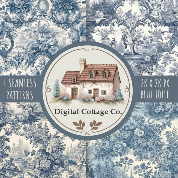 Blue Toile Seamless Patterns, in a PNG format for personal or commercial use.