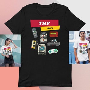 90年代ノスタルジアTシャツ、ヴィンテージテック柄、ユニセックススタイル