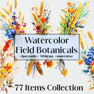 Watercolor Field Botanicals Clipart, Floral Graphics, Nature Illustrations, Digital Download, Printable Art, Scrapbooking Elements