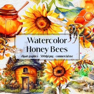 Peut inclure: Illustration aquarelle d'abeilles, d'une ruche, de tournesols et d'un pot de miel. L'illustration est dans un cadre bleu clair avec le texte "Watercolor Honey Bees" et "clipart graphics - 300dpi png - commercial use".