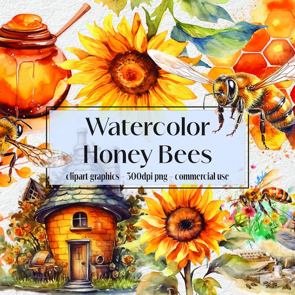 Aquarell Honig Biene Clipart Frühling Garten Biene und Honig Blumen Clip Art PNG Grafiken Sofortiger Download für kommerzielle Nutzung