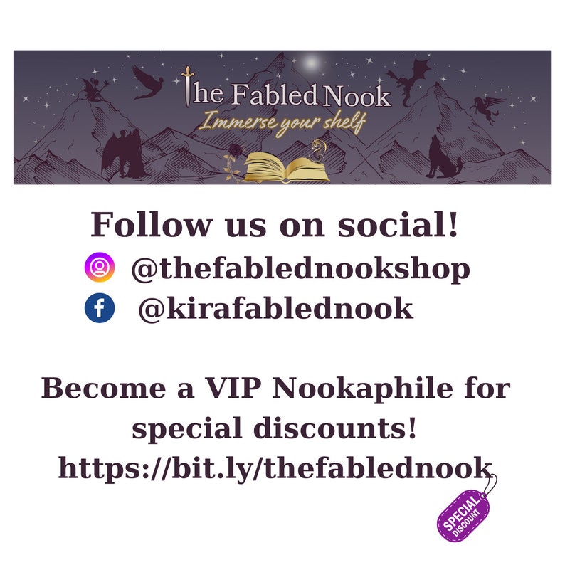 Puede incluir: Un banner con un paisaje monta&ntilde;oso de color morado oscuro, siluetas de criaturas m&iacute;ticas, una espada y un libro abierto. El texto dice: The Fabled Nook, Immerse your shelf, Follow us on social! @thefablednookshop, @kirafablednook, Become a VIP Nookaphile for special discounts! https://bit.ly/thefablednook, y una etiqueta morada de descuento especial.