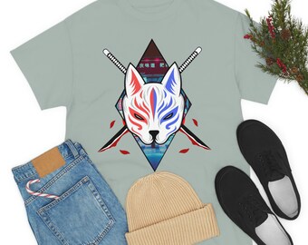 May include: A light blue t-shirt featuring a graphic of a white fox mask with red and blue accents. The mask is surrounded by two crossed swords and red flower petals. The background is a blue and purple cityscape with Japanese text.