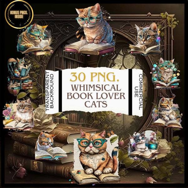 Whimsical Booklover cats|Reading clipart png|Book lover clipart|book worm|Quirky cats|sublimation|Cat lover|mystical Cats|Commercial use