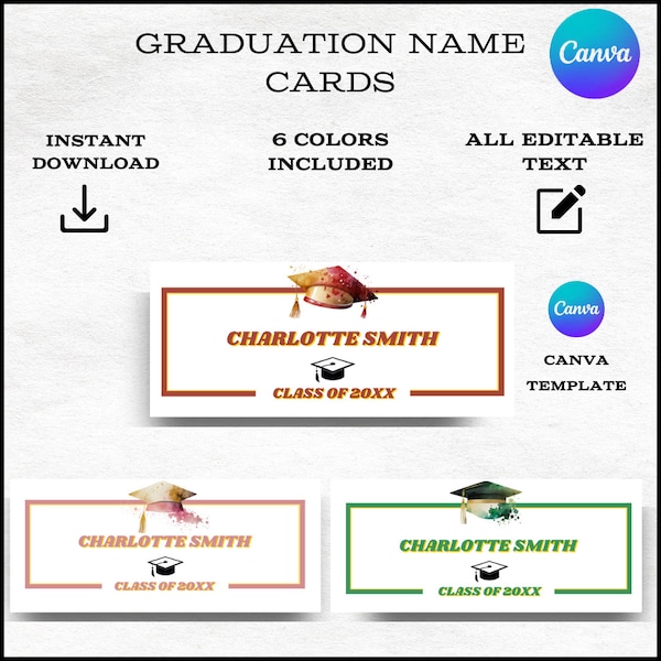 Editable Graduation Name Card Template, Printable Class Graduation Name Cards, Name Cards for Graduates Template