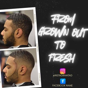 Op de afbeelding: Een promotieafbeelding voor een kapsalon. Het bevat twee profielfoto's van een persoon met verschillende kapsels. De tekst luidt "FROM GROWN OUT TO FRESH" in witte neonstijl. Social media-handles en een websiteadres zijn ook opgenomen.