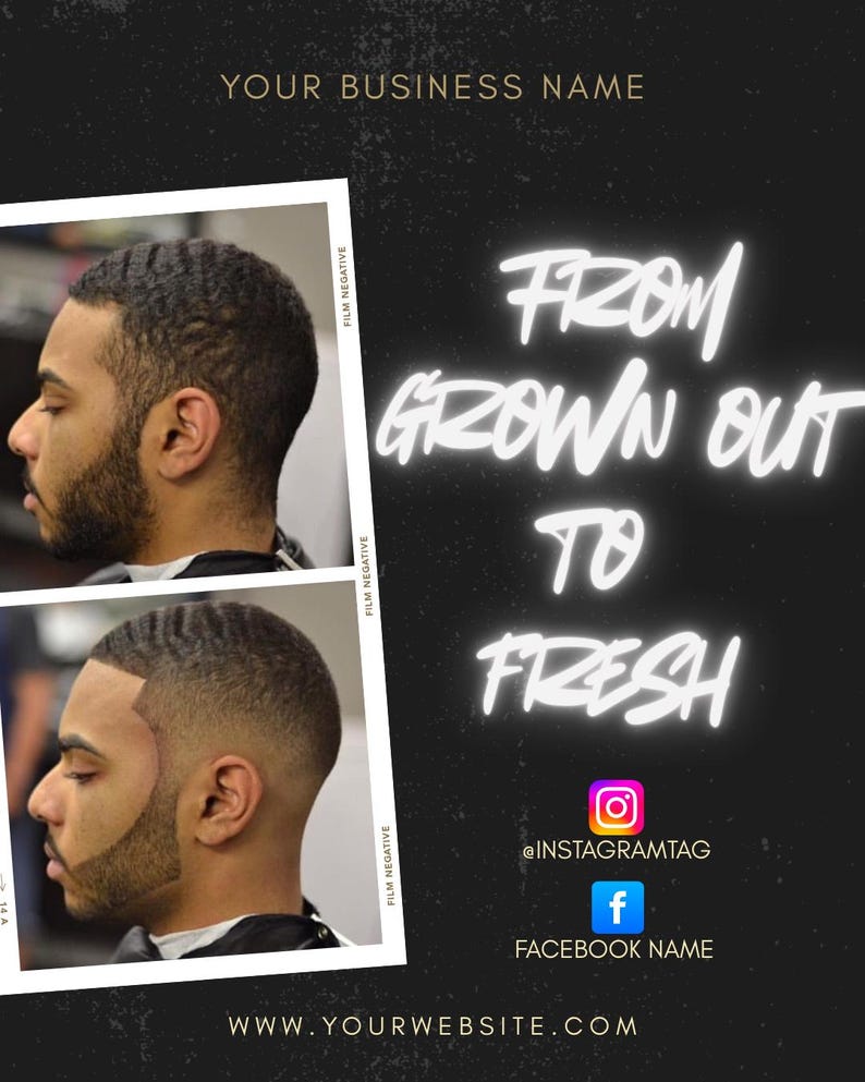 Op de afbeelding: Een promotieafbeelding voor een kapsalon. Het bevat twee profielfoto's van een persoon met verschillende kapsels. De tekst luidt "FROM GROWN OUT TO FRESH" in witte neonstijl. Social media-handles en een websiteadres zijn ook opgenomen.