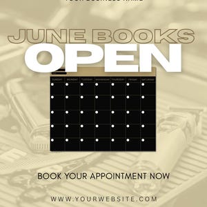 Op de afbeelding: Een promotieafbeelding met de tekst "JUNE BOOKS OPEN" in grote witte letters. Een zwarte kalender met witte stippen is te zien. De afbeelding bevat ook de tekst "BOOK YOUR APPOINTMENT NOW" en een websiteadres.