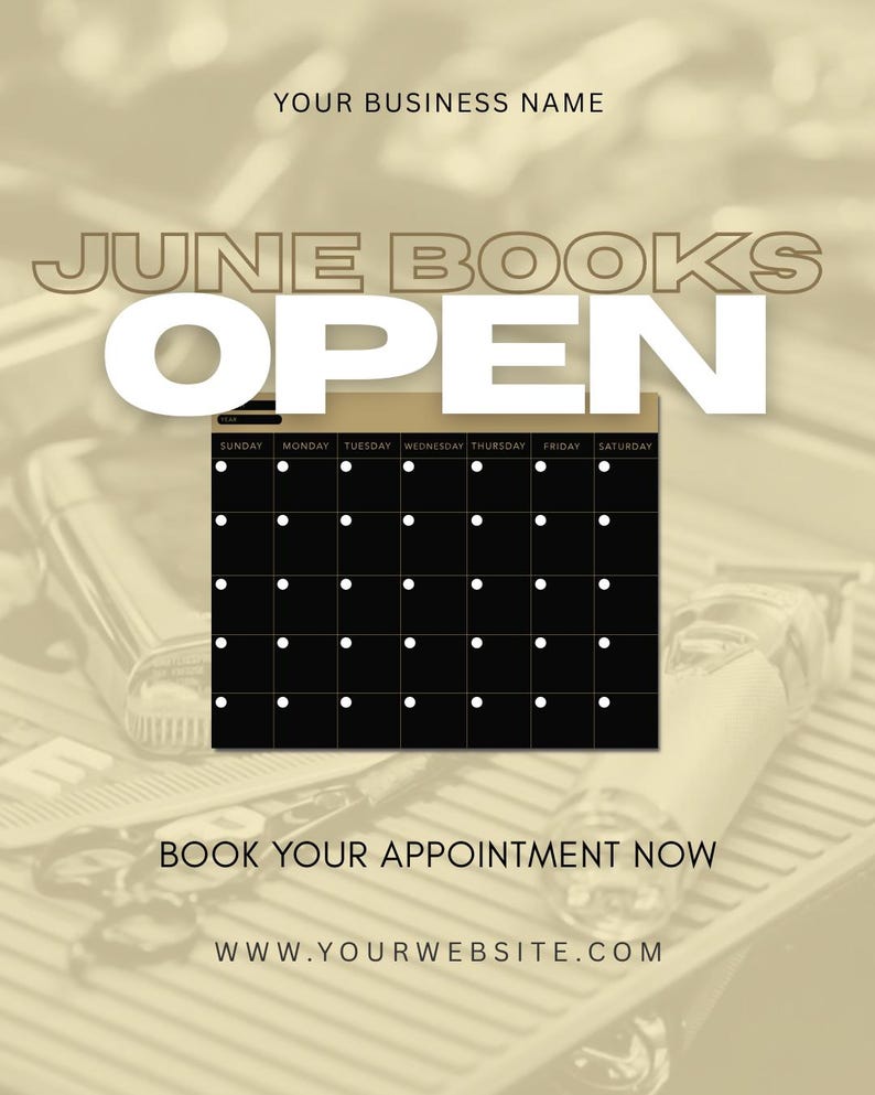 Op de afbeelding: Een promotieafbeelding met de tekst "JUNE BOOKS OPEN" in grote witte letters. Een zwarte kalender met witte stippen is te zien. De afbeelding bevat ook de tekst "BOOK YOUR APPOINTMENT NOW" en een websiteadres.