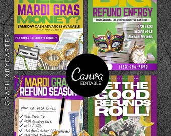 Mardi Gras Tax Flyer Templates | Canva Editable Marketing Kit
