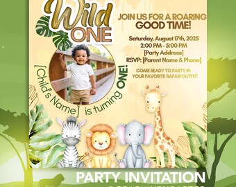 Wild ONE Safari Birthday Invitation: Watercolor Jungle Animals (Canva Template, 7x7")