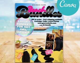 Editable Beach Hair Bundle Flyer Template – Hair Vendor Marketing, Beauty Business Promo