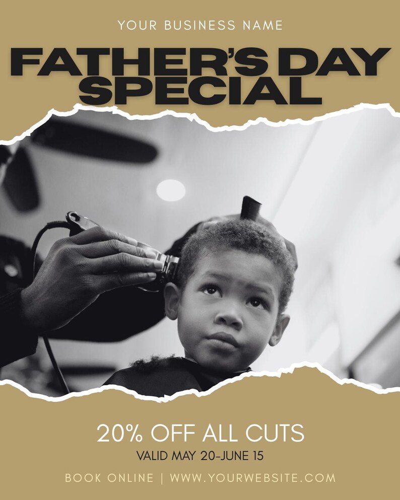 Op de afbeelding: Zwart-wit promotiebeeld voor Vaderdag. Een kind krijgt een knipbeurt. Tekst bevat "VADERDAG SPECIAL" en "20% KORTING OP ALLE KNIPPEN". De aanbieding is geldig van 20 mei tot 15 juni.