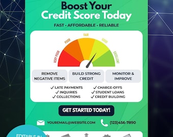 Modello di volantino modificabile per la riparazione del credito per Canva / Score Boost Marketing / Promozione aziendale del credito