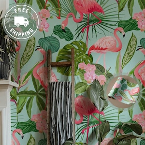 Tropical With Flamingo Wallpaper Peel And Stick Green Leaves Plants Wall Decal Rainforest Exotic Tropic Wallpaper Pink Green