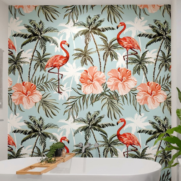 Pink Flamingo Sea Blue Wallpaper, Pink Flower Self Adhesive Bath Peel And Stick Flamingo Wallpaper Botanical and Tropical Self Sticking