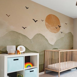 Colori pastello Natura Arte murale Autoadesiva Sole Montagna Uccelli Decorazione murale per cameretta dei bambini Paesaggio naturale Carta da parati per cameretta dei bambini Stacca e attacca