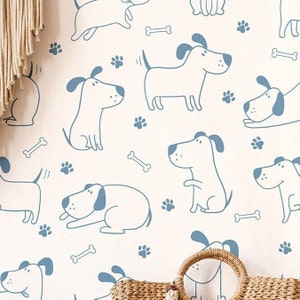 Dog Wallpaper: Blue Dog Doodle Style Minimalist Kids Room or Living room Wallpaper, Dog for Nursery or Bohemian Wallpaper Line Art Wallpaper