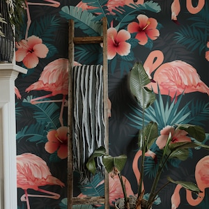 Pink Flamingo Wallpaper, Flower Self Adhesive Jungle Peel And Stick Flamingo Wallpaper Botanical and Tropical Self Sticking Pink Wallpaper