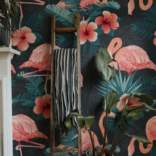 Pink Flamingo Wallpaper, Flower Self Adhesive Jungle Peel And Stick Flamingo Wallpaper Botanical and Tropical Self Sticking Pink Wallpaper